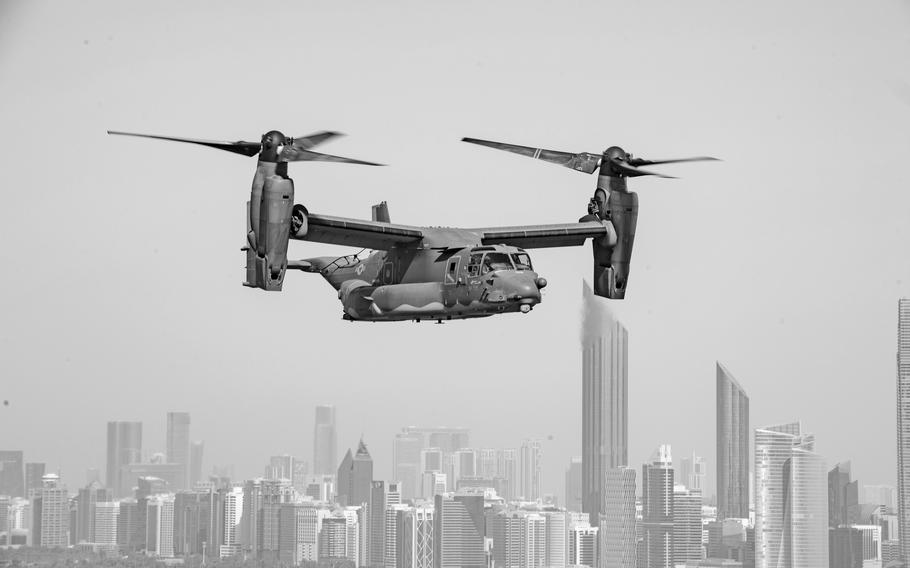 A CV-22 Osprey assigned to the U.S. Air Force's 8th Expeditionary Special Operations Squadron flies over Abu Dhabi in September 2021.