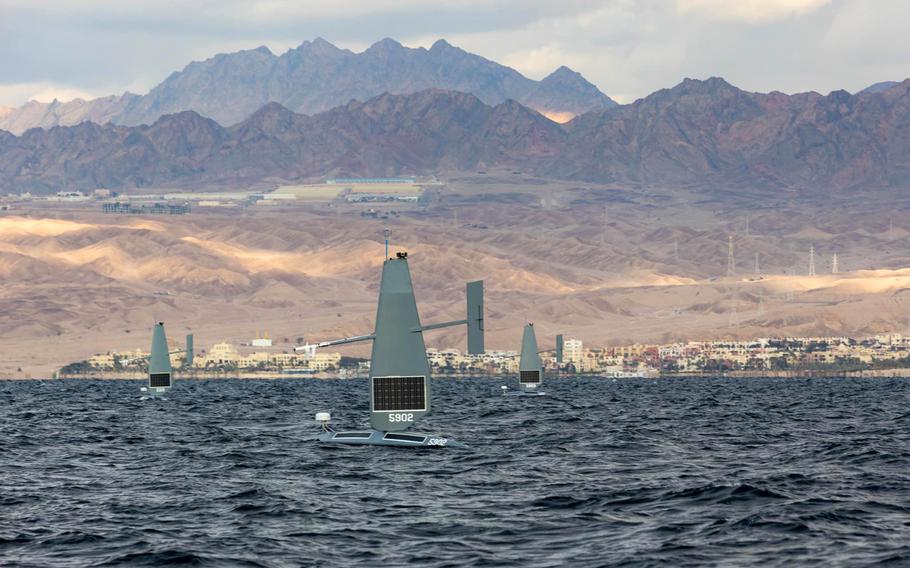 Three Saildrone Explorer unmanned surface vessels operate in the Gulf of Aqaba, Jan 27, 2022. The U.S. Navy is hosting what it has called the world’s largest unmanned maritime exercise, headquartered in Bahrain.
