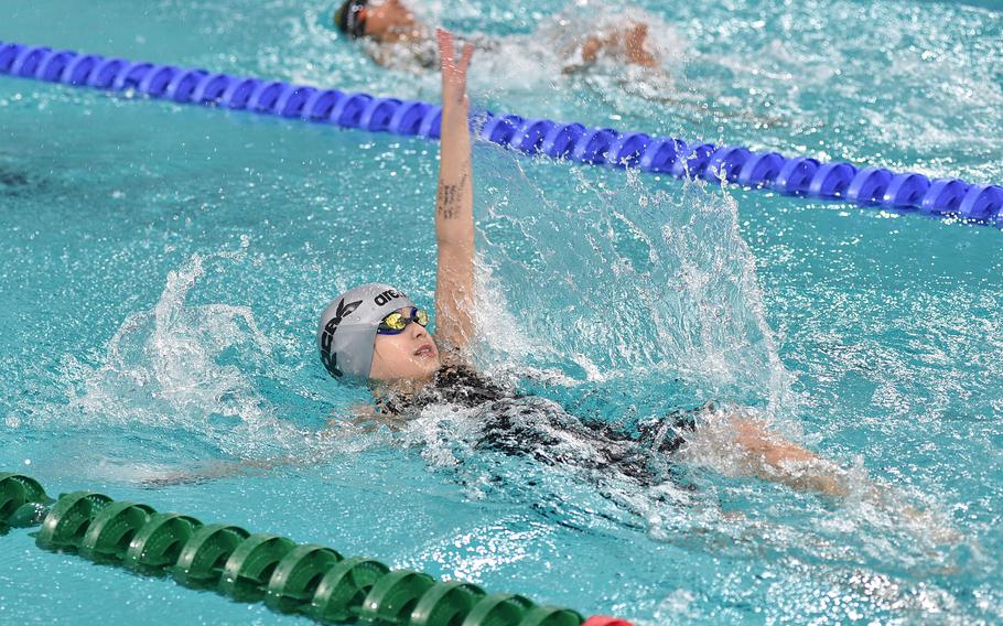 Selin Defne Karakas of Geilenkirchen competes in the 10-year-old girls 50-meter backstroke on Sunday during the European Forces Swim League Short Distance Championships at the Pieter van den Hoogenband Zwemstadion at the Zwemcentrum de Tongelreep in Eindhoven, Netherlands.