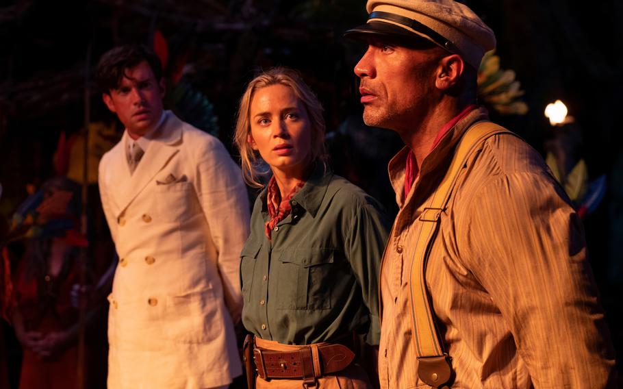 From left: Jack Whitehall, Emily Blunt and Dwayne Johnson star in "Jungle Cruise," now playing in theaters and on Disney+ Premiere Access.