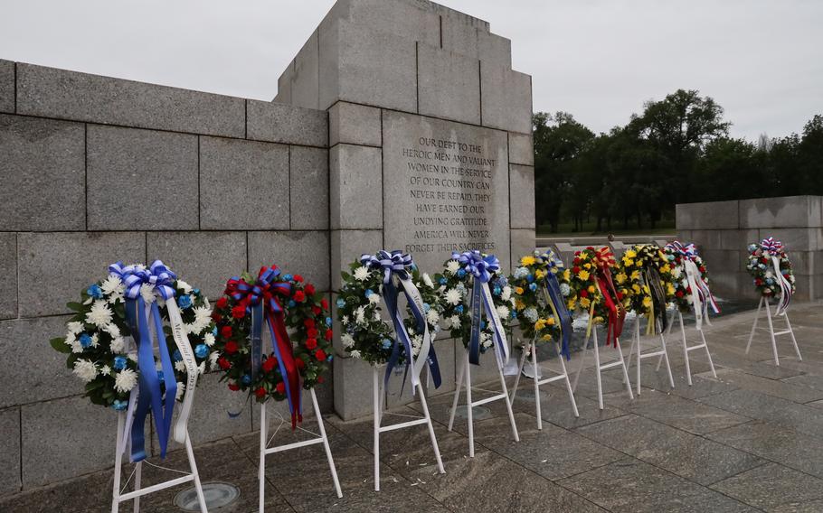 Wreaths laid at the honor wall at the World War II Memorial on the National Mall in Washington, D.C., on Memorial Day, May 29, 2023.
