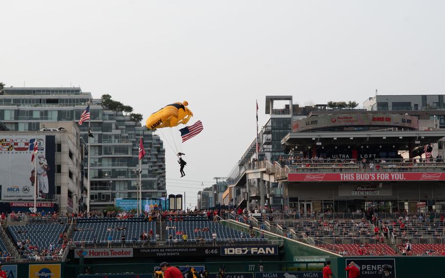 The U.S. Army Golden Knights. drop in for U.S. Army Day at Nationals Park in Washington, D.C., on Friday, June 16, 2023. The Nationals hosted the Miami Marlins.