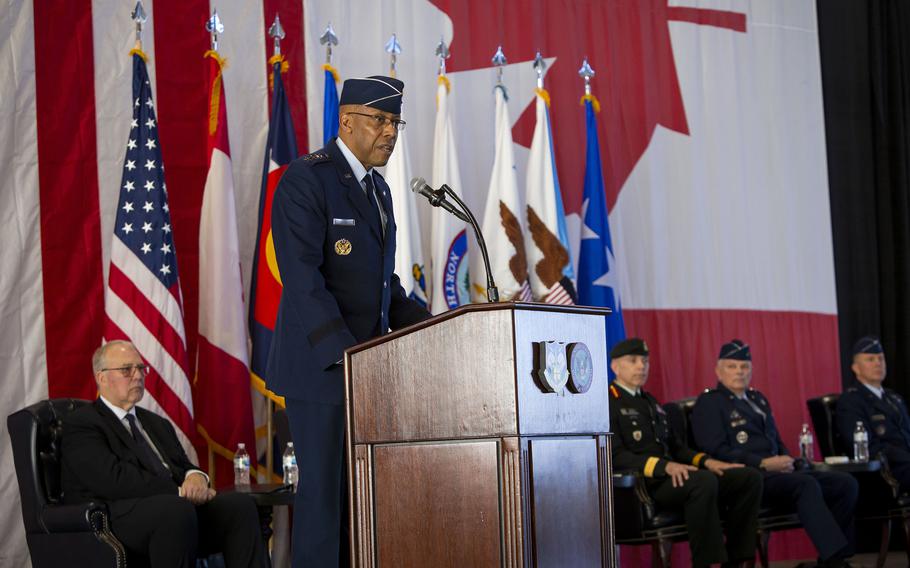 U.S. Chairman of the Joint Chiefs of Staff Gen. Charles “CQ” Brown speaks to the audience during the North American Aerospace Defense Command and U.S. Northern Command combined change of command ceremony at Peterson Space Force Base, Colo., Monday, Feb. 5, 2024.