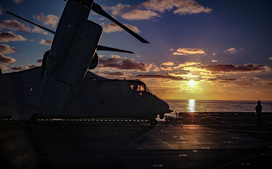 A Marine Corps MV-22B Osprey, assigned to the Okinawa-based 31st Marine Expeditionary Unit, prepares to take off from the amphibious assault ship USS America during the Talisman Sabre exercise in Australia, July 19, 2021. 