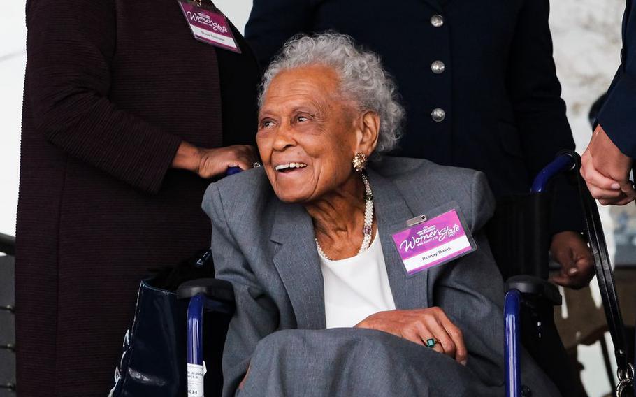 Pvt. Romay Davis smiles before receiving the first Lifetime Achievement Award at the 2023 Women Who Shape The State event in Birmingham, Ala. on March 8, 2023.