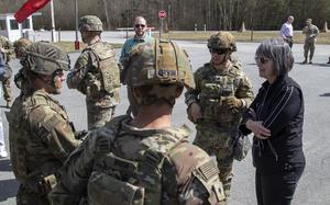 Congresswoman Betty McCollum, Minnesota’s Fourth Congressional District Representative, talks with Soldiers from 1st Armored Brigade Combat Team, 3rd Infantry Division, April 13, 2022, at Grafenwoehr Training Center, Germany. The 1ABCT, 3ID is part of the 1st Infantry Division and V Corps, America’s Forward Deployed Corps in Europe which works alongside NATO Allies and regional security partners to provide combat ready forces, execute joint and multinational training exercises, and retain command and control for its rotational and assigned units in the European Theater. (U.S. Army photo by Sgt. Caleb Minor)