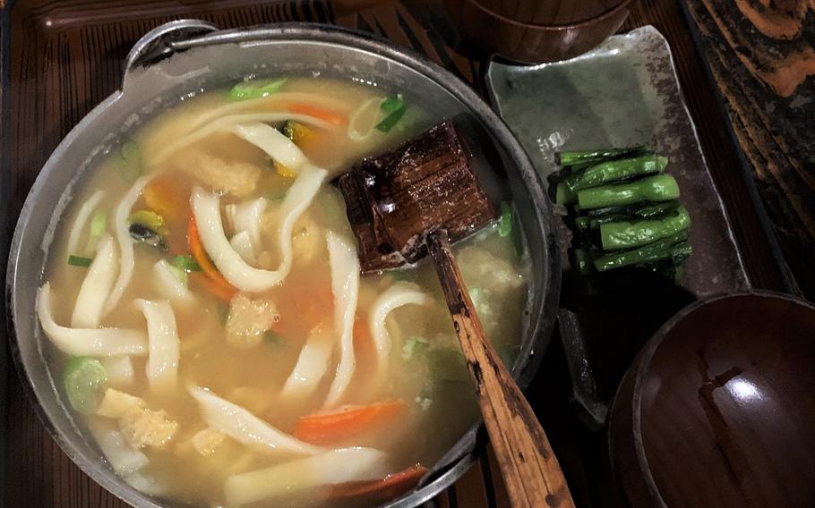 At the end of the meal, Sanrokuen's staff brings out hoto, a hearty noodle soup, and pickles from the Yamanashi area. 