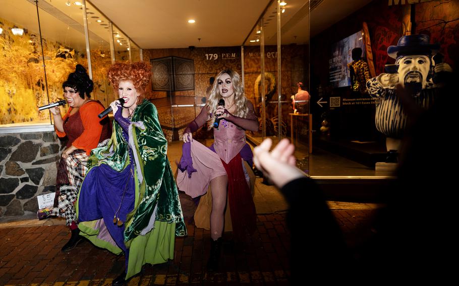 Performers from Orlando as the Sanderson sisters: Jennica McCleary as Winnie, center, Bebe Caliber as Sarah, right, and Dayja Le’Chelle as Mary.  Salem hosts a massive, family-friendly, month-long October festival, Haunted Happenings, which features walking tours, a parade, a “haunted” street fair and other Halloween-inspired events.