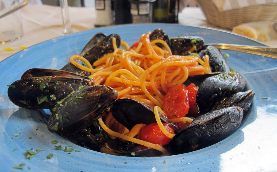 Among Ristorante San Lorenzo's many pasta dishes is spaghetti with mussels and tomato sauce. The restaurant in Sirmione serves diners all day with no afternoon break, so it's a great place for a late lunch.