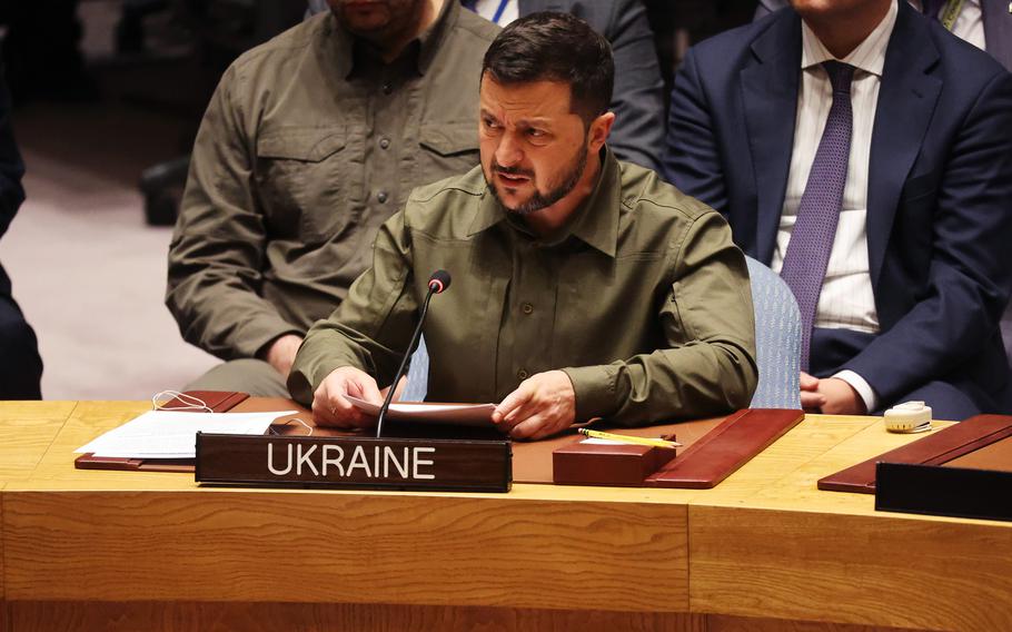 Ukraine President Volodymyr Zelenskyy speaks to the U.N. Security Council on the war in his country in a meeting during the United Nations General Assembly on Wednesday, Sept. 20, 2023, in New York. 
