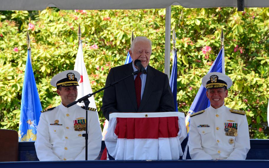 Former President Jimmy Carter speaks during the change of command ceremony for USS Jimmy Carter (SSN 23) at Naval Base Kitsap - Bangor on May 29, 2015. Carter is a graduate of the U.S. Naval Academy and the only president to serve on a submarine. 