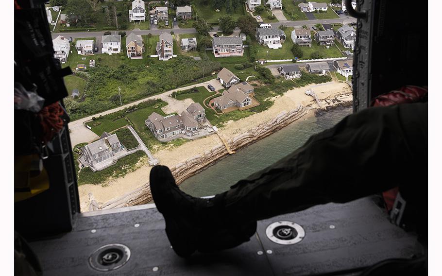 The Coast Guard takes a survey flight in an MH-60 Jayhawk helicopter over Cape Cod in Massachusetts in August 2021.