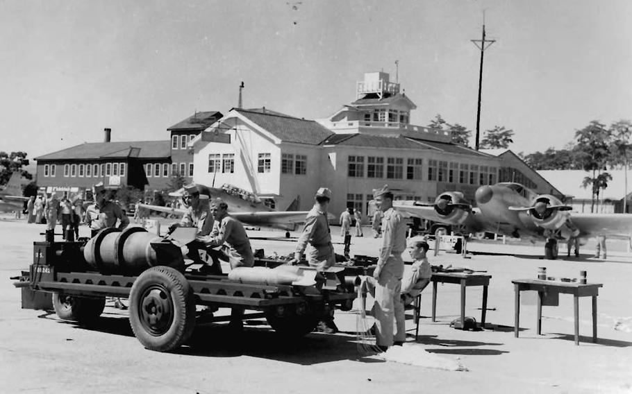 This undated photo shows an armament display by the 13th Bomb Squadron at Yokota Air Base, Japan.