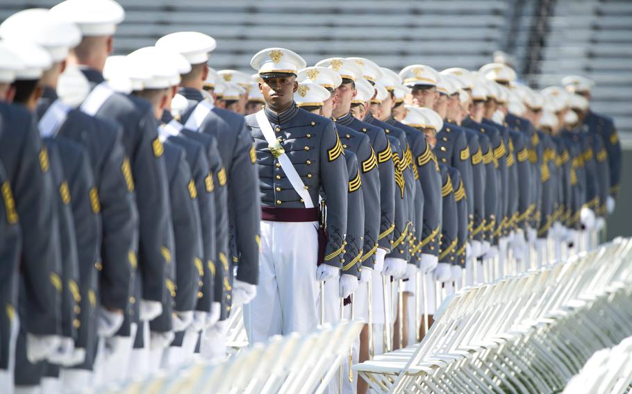 U.S. Military Academy cadets line up at the graduation and commissioning ceremony for the Class of 2023 at Michie Stadium in West Point, N.Y., on May 27, 2023.