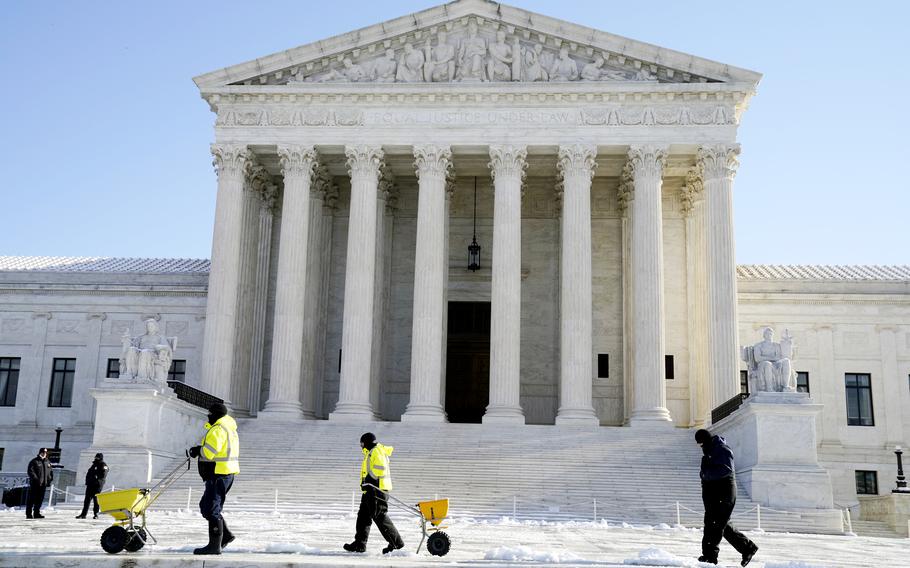 The Supreme Court shown Friday, Jan. 7, 2022, in Washington. The Supreme Court is taking up two major Biden administration efforts to bump up the nation’s vaccination rate against COVID-19 at a time of spiking coronavirus cases because of the omicron variant.