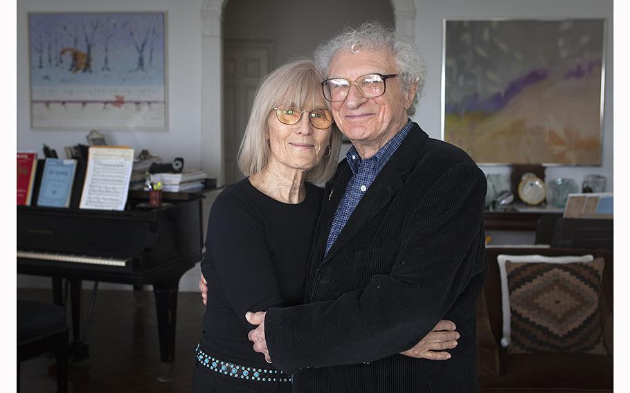 Sheldon Harnick next to his wife, Margery Gray, in New York in 2014. 