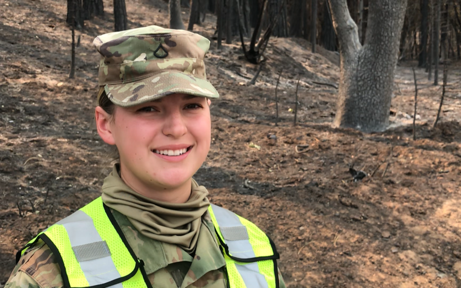 Pfc. Secily Chapman, 22, was inspired to enlist in the California National Guard after her family lost their home in Paradise, Calif., to a wildfire in 2018. Two weeks ago, she deployed on her first Guard mission to Greenville, where the Dixie Fire burned the majority of the town.