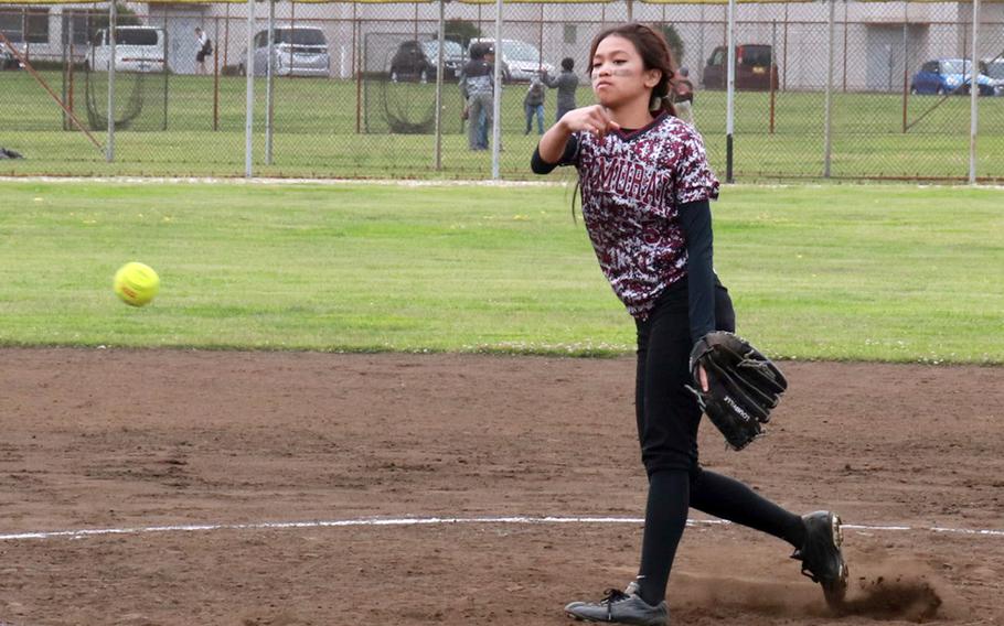 Matthew C. Perry right-hander Ella Mhay Dizon delivers during Monday's round-robin portion of the Far East Division II softball tournament. Perry earned the second seed into the double-elimination round of a tournament shortened to two days due to forecast of bad weather Wednesday.