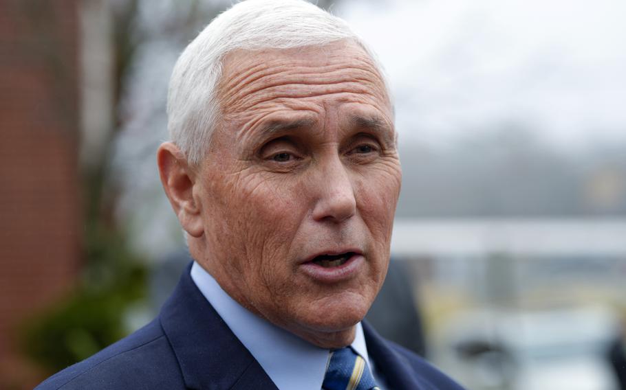 Former Vice President Mike Pence speaks with reporters, Dec. 6, 2022, at Garden Sanctuary Church of God in Rock Hill, S.C.  Documents with classified markings were discovered in Pence’s Indiana home last week, according to his attorney.