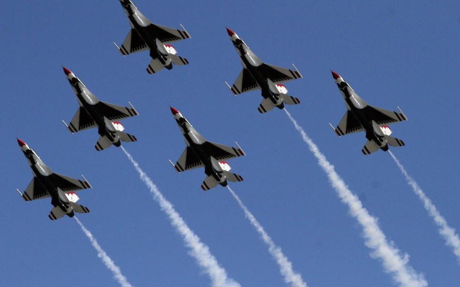 The Air Force Thunderbird team flies in formation during the 2012 Rhode Island Open House Air Show. 