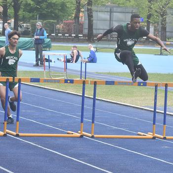 Naples' Taj Williams, right, and Sergio Ballman took the two top spots in the boys' 300 hurdles Saturday, April 23, 2022, at a DODEA-Europe meet in Pordenone, Italy.