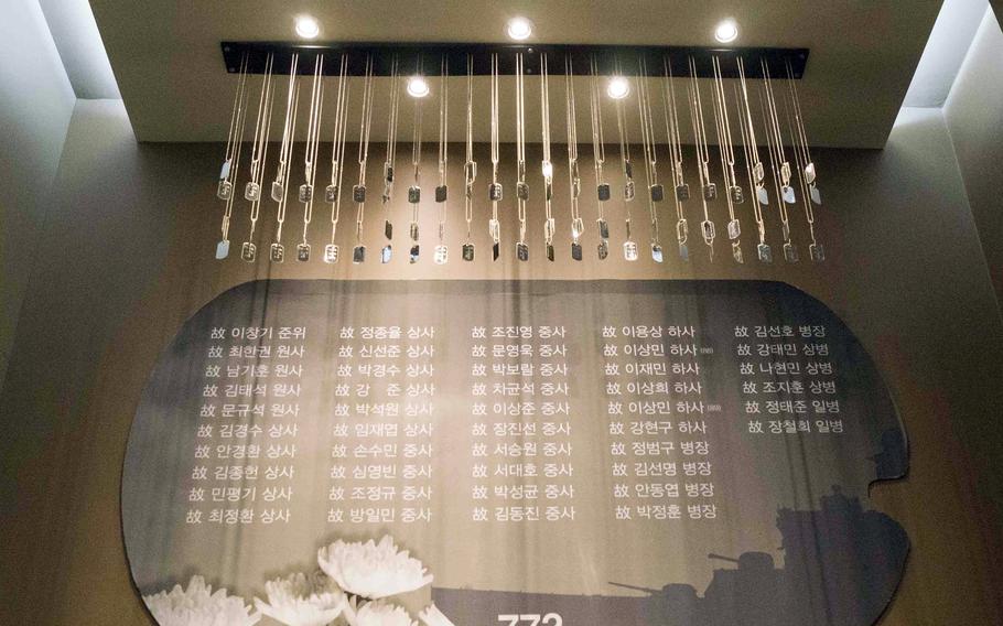 The fallen ROKS Cheonan sailors’ ID tags and names are displayed inside a memorial at 2nd Fleet Command headquarters n Pyeongtaek, South Korea.