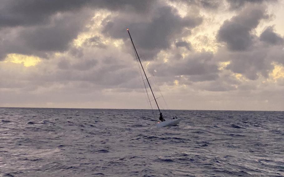 Coast Guard crews rescued 15 mariners aboard the disabled 72-foot sailing vessel Lucky, 26 miles east of Makapu’u Point, Oahu, July 24, 2021. The Lucky was adrift due to a disabled rudder and crews aboard the Coast Guard Cutter Oliver Berry (WPC 1124) and a Station Honolulu 45-foot Response Boat-Medium successfully towed the vessel to Honolulu Harbor.