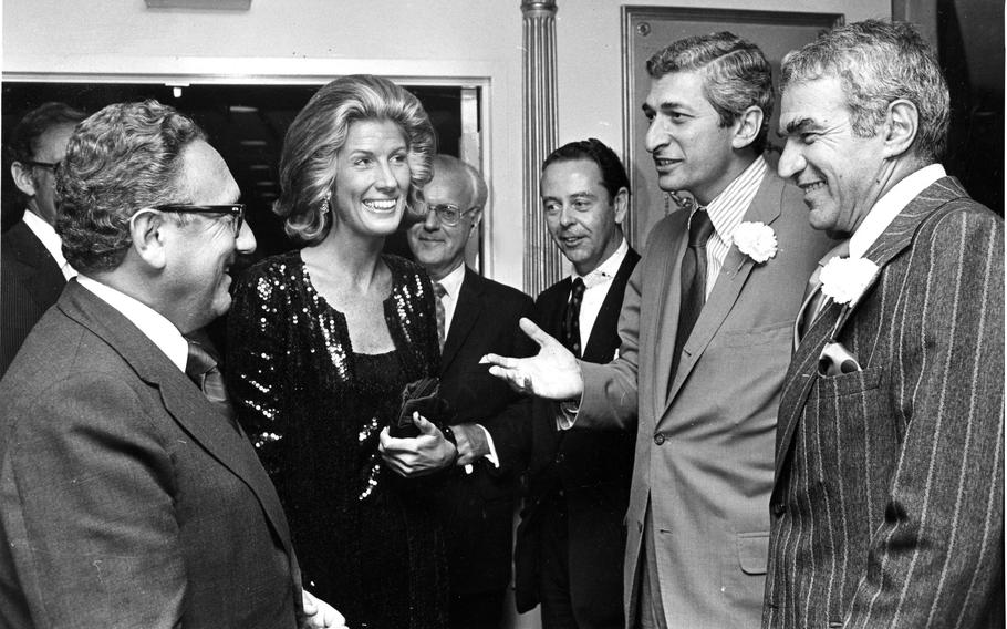 Henry and Nancy Kissinger, left, joke with Bernard Kalb, right, Marvin Kalb, second from right, and Arthur Thornhill Jr., president of Little, Brown and Company, in 1974. 