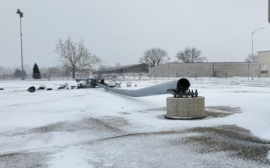 A light pole lies on the ground near Wright-Patterson Air Force Base’s flightline after it was blown over by high winds during a winter storm Dec. 23, 2022. The storm caused nearly $4 million in damage across both areas of the installation.