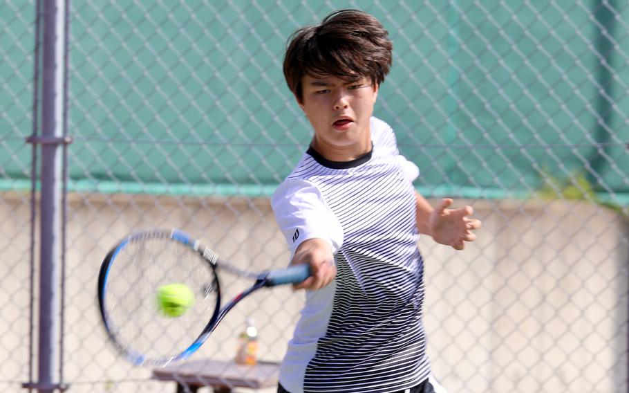 Zama's Kai Fredenhall smacks a forehand return against Robert D. Edgren's Bryce Dries. Fredenhall won the singles match 8-4 and teamed with Gabe Rayos to beat Dries and Charles Alvey 8-3 in doubles.