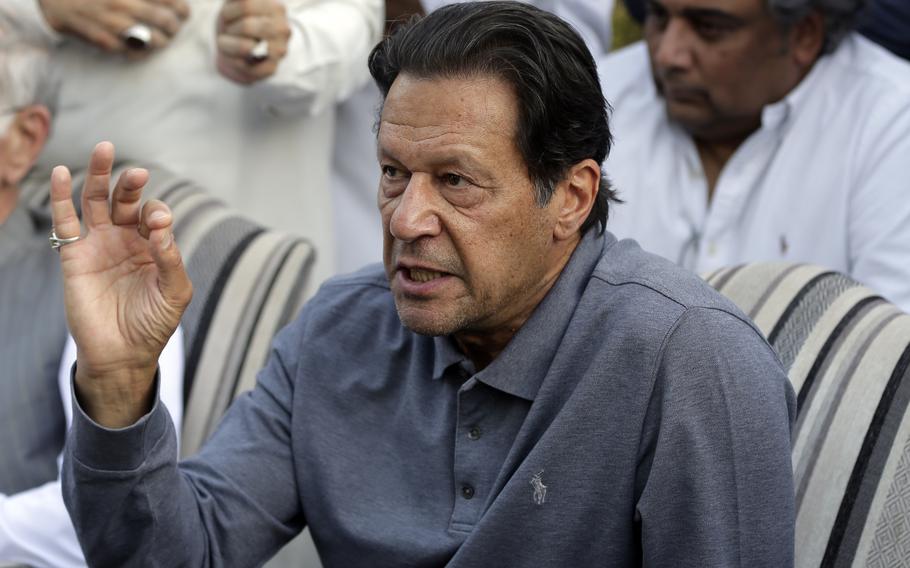 Former Pakistan Prime Minister Imran Khan speaks during a news conference in Islamabad, April 23, 2022. Pakistan’s elections oversight body ruled Tuesday, Aug. 2, 2022 that Khan accepted illegal donations for his political party from abroad. It’s a key first step that could lead to a ban on Khan and his party from politics.