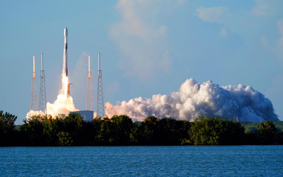 A SpaceX Falcon 9 rocket, with the Korea Pathfinder Lunar Orbiter, or KPLO, lifts off from launch complex 40 at the Cape Canaveral Space Force Station in Cape Canaveral, Fla.