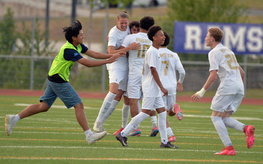 Ramstein players celebrate their 2-0 win over Stuttgart in the boys Division I final at the DODEA-Europe soccer championships in Ramstein, Germany, May 22, 2025. 
