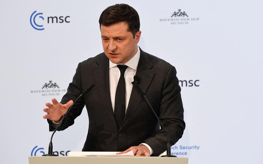 Ukrainian President Volodymyr Zelenskyy speaks at the Munich Security Conference in Munich, Germany, on Feb. 19, 2022. Zelenskyy’s blueprint for peace with Russia includes adherence to United Nations’ principles such as territorial integrity and sovereignty, as well as the withdrawal of Russian troops from the country and food and energy security.