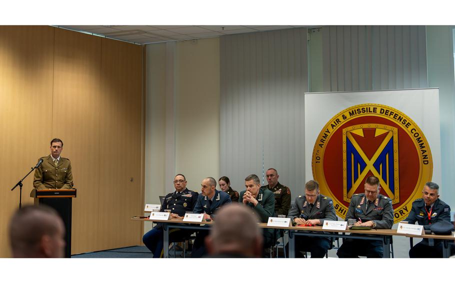 U.K. Maj. Ben Johnston, assigned to 10th Army Air and Missile Defense Command’s strategy, plans and policy office, facilitates discussions during a closed-door meeting with NATO allies and partners on Sembach Kaserne, Tuesday, April 9, 2024. Johnston said the need to integrate allied air defense capabilities “grows more urgent by the day.”