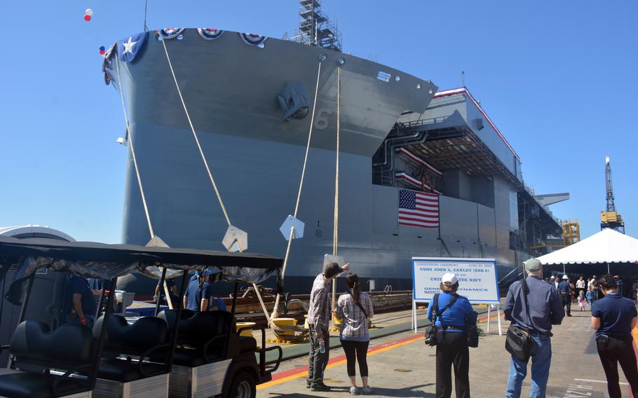 Expeditionary sea base USNS John L. Canley (ESB-6) at its christening ceremony at the General Dynamics-NASSCO shipyard in San Diego, Calif., June 25, 2022.
