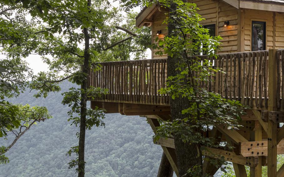 A tree-side view of the Golden Eagle treehouse. Treehouses also rely on posts or metal pipes. 