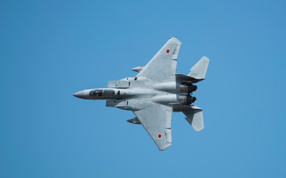 A Japan Air Self-Defense Force F-15J Eagle maneuvers during an air show at Misawa Air Base, Japan, Sept. 10, 2017.