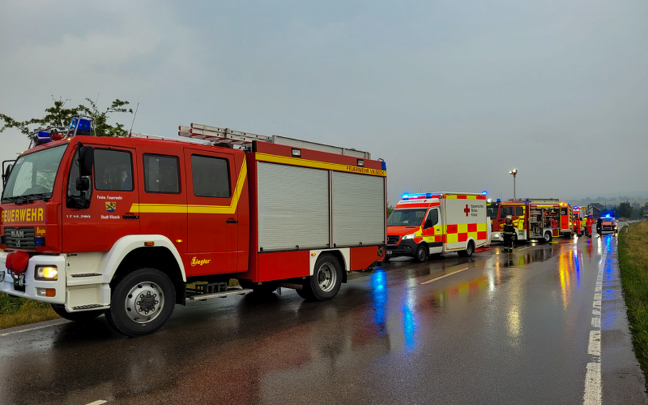 Emergency vehicles responded and a road was closed for several hours after an accident that killed a U.S. soldier and injured two others near Vilseck, Germany, on June 30, 2023.