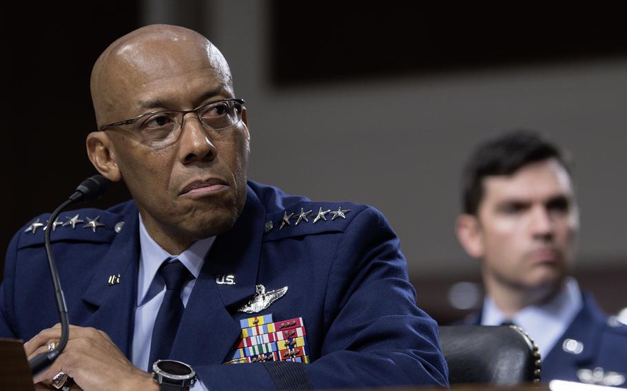 Air Force Gen. Charles “CQ” Brown attends a Senate Armed Services Committee hearing to consider his nomination to be Chairman of the Joint Chiefs of Staff, July 11, 2023, on Capitol Hill in Washington. 
