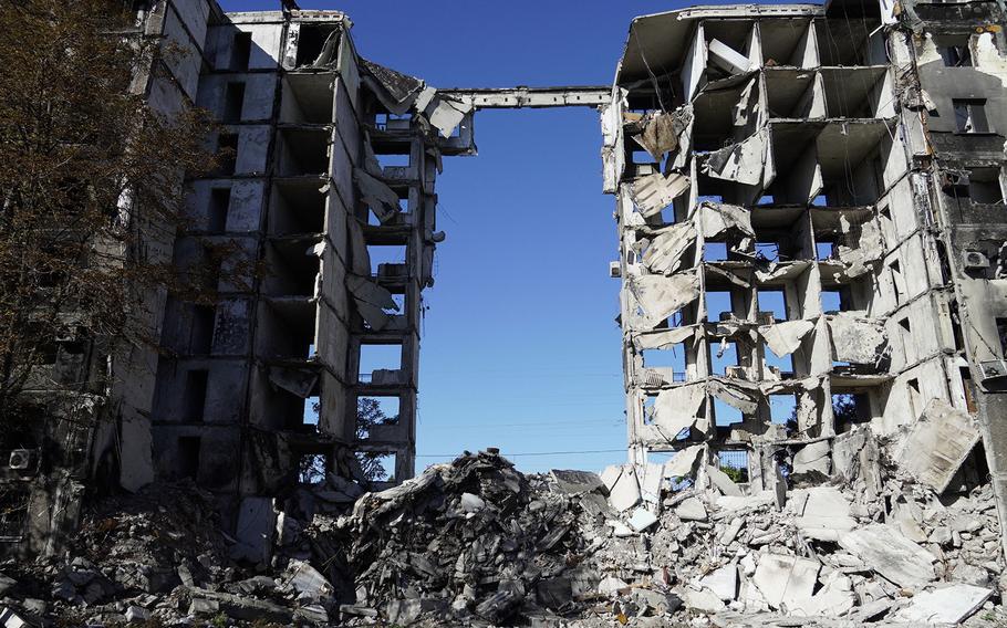 A view shows a destroyed residential building in the city of Mariupol on Sept. 25, 2022, amid the ongoing Russian military action in Ukraine. 