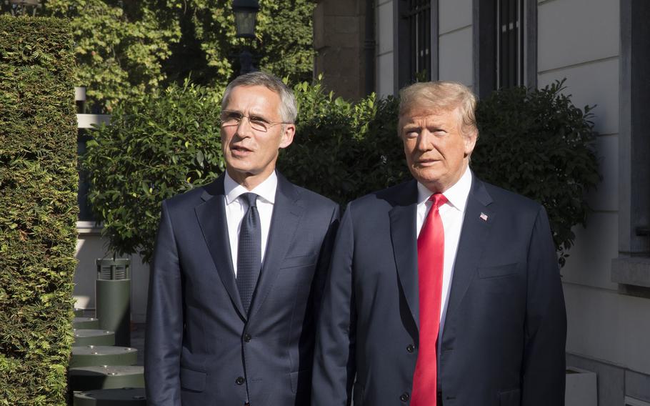 NATO Secretary-General Jens Stoltenberg and then-U.S. President Donald Trump at a meeting during the NATO Summit in Brussels in 2018. The Senate on July 19, 2023 passed an amendment to the 2024 defense authorization bill that would prevent any president from unilaterally pulling out of NATO, a move that comes as Trump, a NATO skeptic, leads Republican candidate polls. 