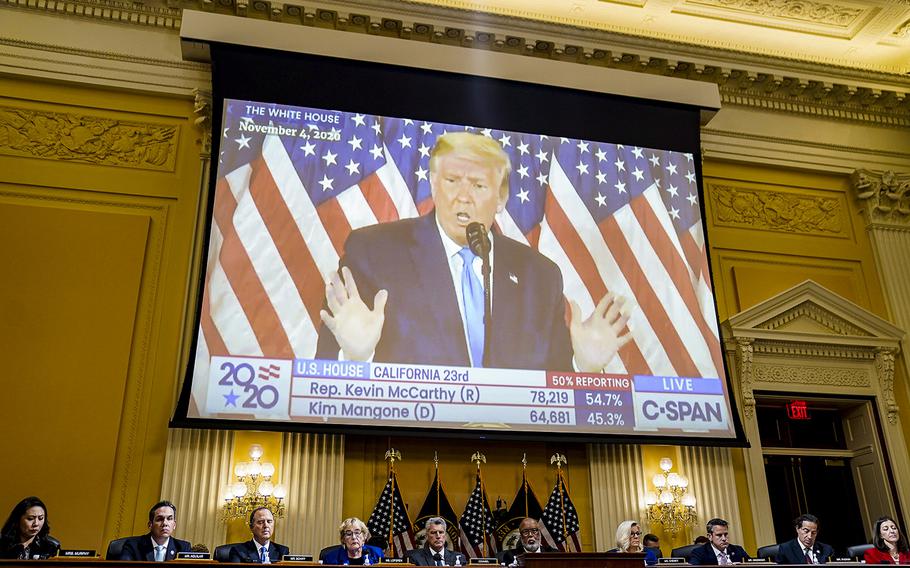 Former President Donald Trump is projected on a monitor during a hearing of the House Select Committee to Investigate the January 6th Attack on the United States Capitol in the Cannon House Office Building on Oct. 13, 2022, in Washington, D.C. The panel has given Trump a short extension to comply with the subpoena issued to him recently. 