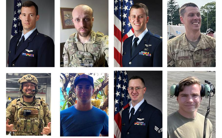 The eight airmen killed in the crash of a CV-22B Osprey, Nov. 29, 2023. Top row, left to right: Maj. Jeffrey Hoernemann, Maj. Eric Spendlove, Maj. Luke Unrath and Capt. Terrell Brayman. Bottom: Tech Sgt. Zachary Lavoy, Staff Sgt. Jake Turnage, Senior Airman Brian Johnson and Staff Sgt. Jake Galliher.