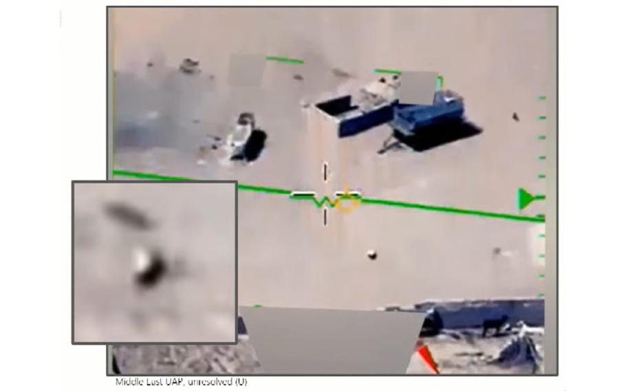 This footage shows a metallic ball-shaped object seen in 2022 in the Middle East that was classified as a UAP. 