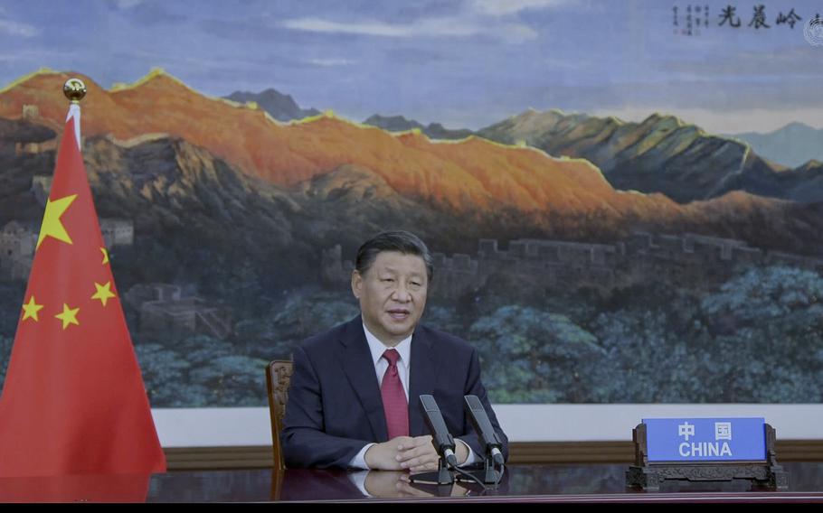 In this image to taken from video provided by UN Web TV, China’s President Xi Jinping remotely addresses the 76th session of the United Nations General Assembly in a pre-recorded message, Tuesday Sept. 21, 2021, at UN headquarters. 