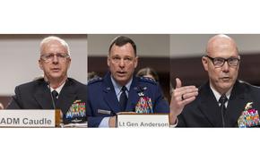 Three images side-by-side of men in formal military attire, each seated.