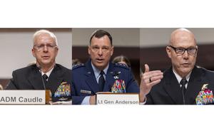 Three images side-by-side of men in formal military attire, each seated.