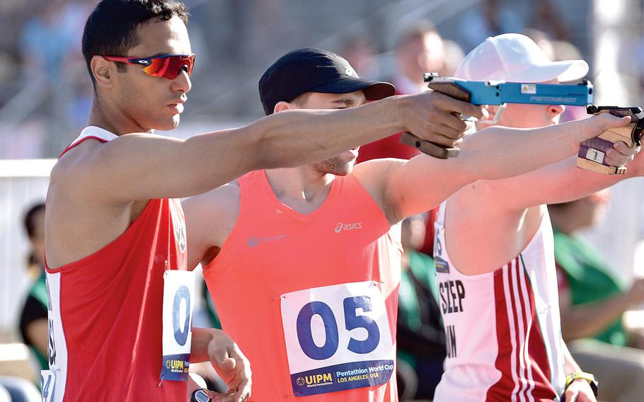 Sgt. Amro Elgeziry takes aim during the 2018 Modern Pentathlon World Cup in Los Angeles.