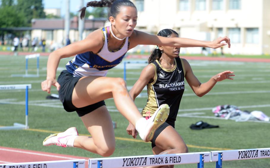Guam High's Alexandria Levy was in front after the 300-meter hurdle preliminaries.
